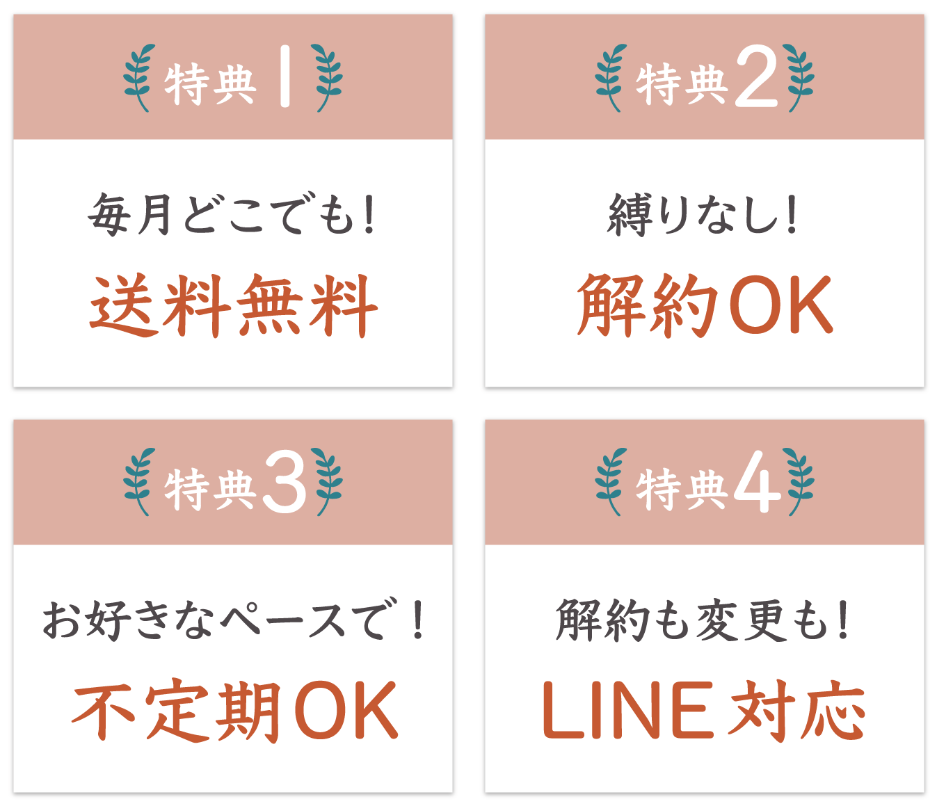 特典1 送料無料 特典2 解約ok 特典3 不定期ok 特典4 LINE対応